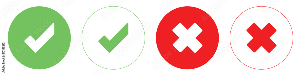 Validation and refusal icons. Green check mark and red cross mark. Validation and refusal icons. Green check mark and red cross mark.