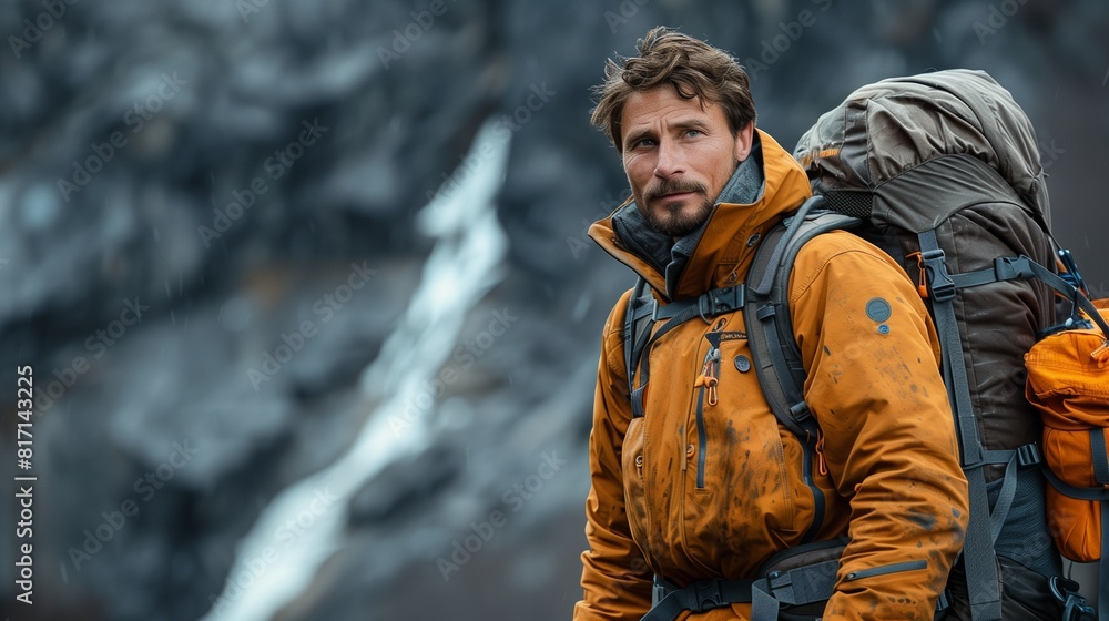 Male hiker in outdoor gear with a backpack, standing, cool gray background Male hiker in outdoor gear with a backpack, standing, cool gray background