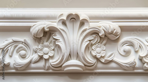 The white trim on the wall is ornate and has a floral design. The flowers are arranged in a way that creates a sense of movement and flow. The overall effect is elegant and sophisticated