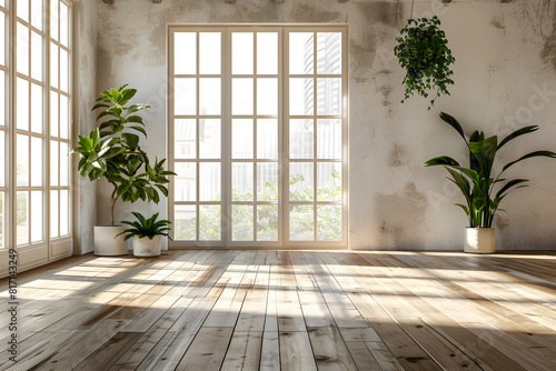 Bright sunlit room with plants and large window