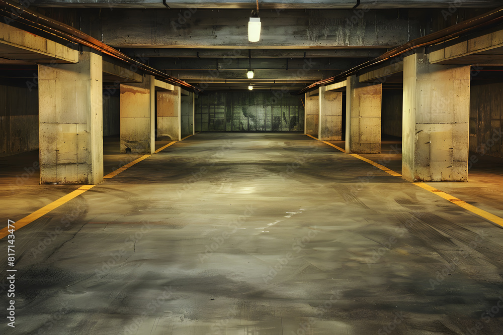 Dimly lit, empty underground car park with concrete columns and yellow parking lines
