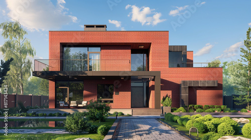 Modern luxury house with a brick red exterior, accented by contemporary geometric lines and minimalistic landscaping. Full front view in summer."