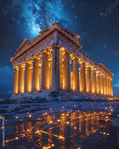 Majestic Parthenon Under the Starry Athenian Night Sky with Glowing Digital Embellishments photo