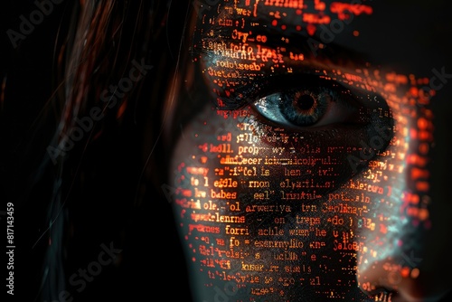 close-up of a woman's face with digital codes projected onto her skin. Her face is covered with glowing cyber code, symbolizing advanced artificial intelligence and machine learning technologies.