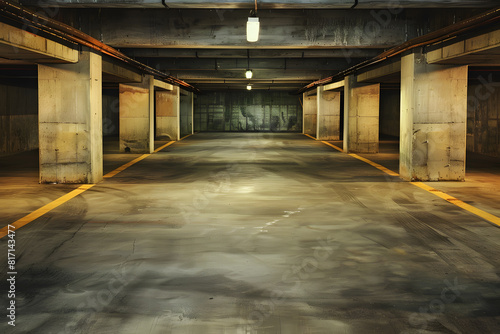 Dimly lit  empty underground car park with concrete columns and yellow parking lines
