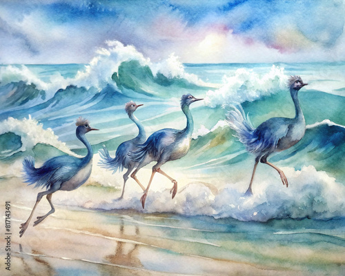 A whimsical watercolor illustration of ostrich racing on a beach  with the ocean waves crashing in the background