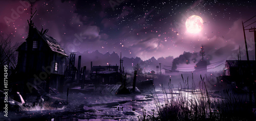 A dark and moody scene with a large moon in the sky. A house and a body of water  with a few trees in the background. The overall atmosphere of the image is one of solitude and mystery