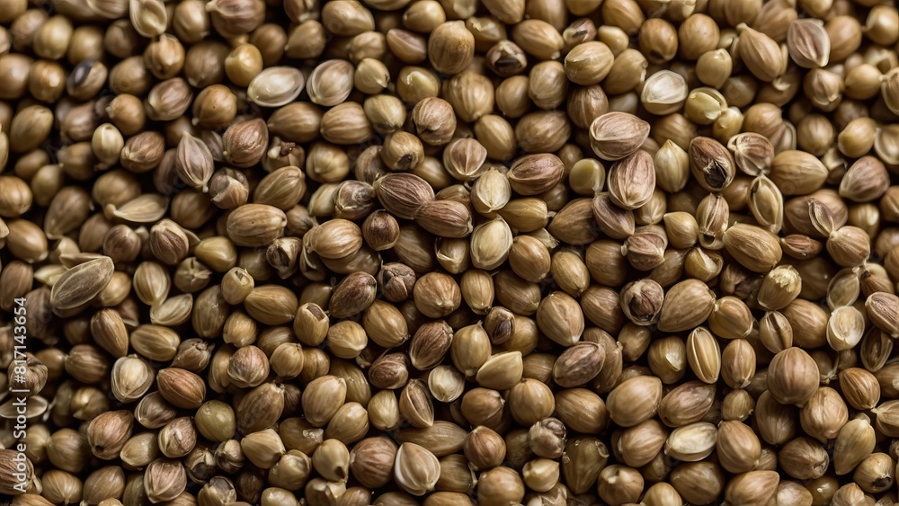 Close up of a pile of small, brown hemp seeds on a rustic wooden surface Close up of a pile of small, brown hemp seeds on a rustic wooden surface