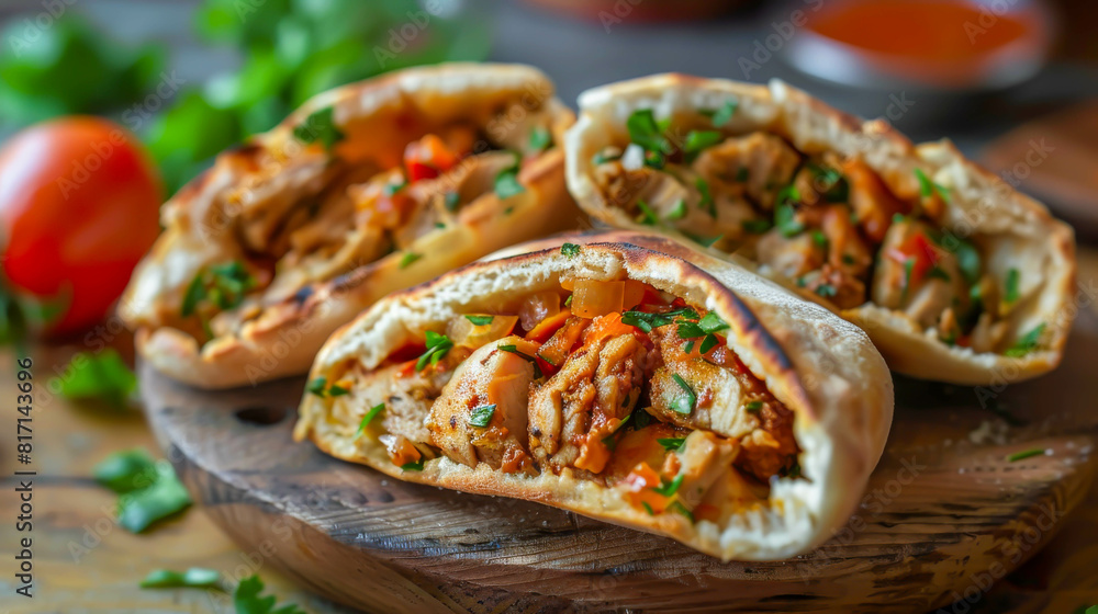 Three chicken wraps with peppers and herbs on a wooden table. The wraps are open and ready to be eaten Three chicken wraps with peppers and herbs on a wooden table. The wraps are open and ready to be eaten