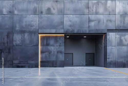 Modern industrial building entrance with metallic walls