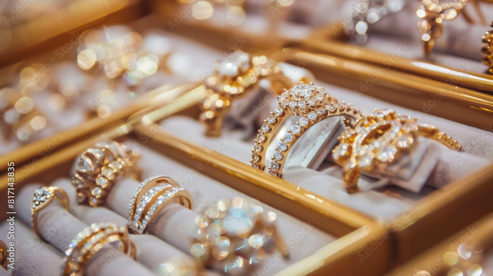 A display of gold and diamond rings in a jewelry store. The rings are arranged in a variety of styles and sizes, with some of them being more intricate than others A display of gold and diamond rings in a jewelry store. The rings are arranged in a variety of styles and sizes, with some of them being more intricate than others