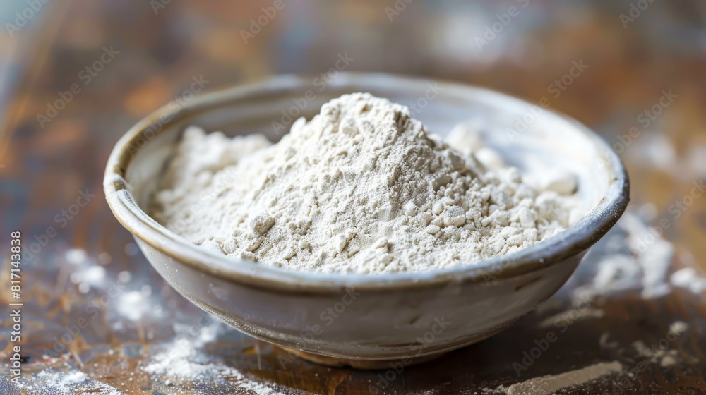 A white bowl filled with white powder. The bowl is on a wooden table A white bowl filled with white powder. The bowl is on a wooden table