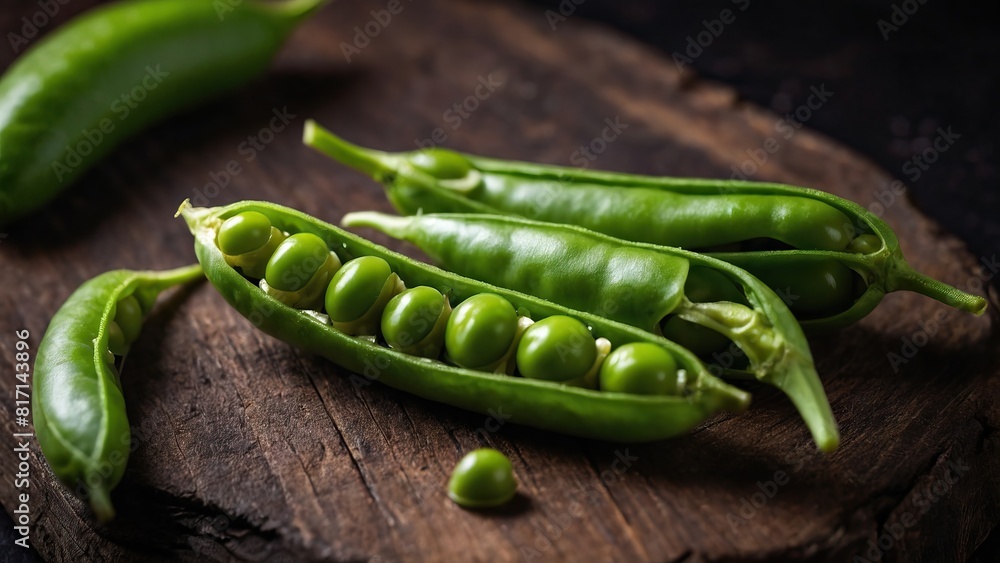 Close up of vibrant green pea pods on rustic wooden background Close up of vibrant green pea pods on rustic wooden background