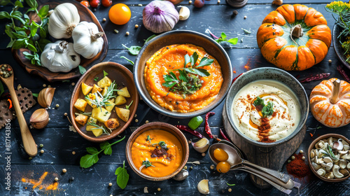 A table full of food with a pumpkin on it. The table is covered with bowls of food and a spoon photo