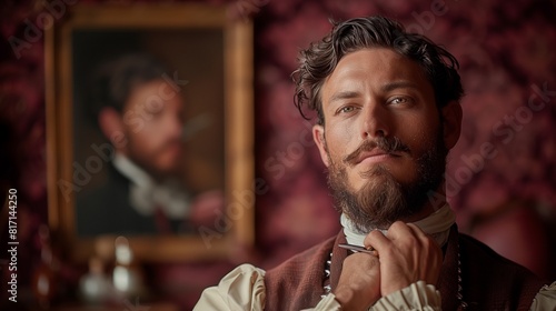 Man in a classic barber's outfit trimming a beard, rich burgundy background