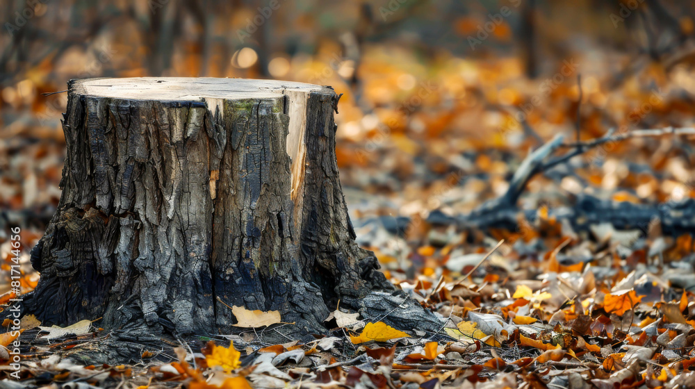 A large tree stump sits in a field of autumn leaves. The stump is surrounded by a carpet of leaves, which creates a peaceful and serene atmosphere. Concept of nostalgia and the passage of time A large tree stump sits in a field of autumn leaves. The stump is surrounded by a carpet of leaves, which creates a peaceful and serene atmosphere. Concept of nostalgia and the passage of time