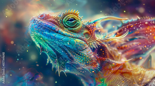 A colorful lizard with a blue tail and green eyes. The lizard is surrounded by a lot of sparkles and is looking at the camera