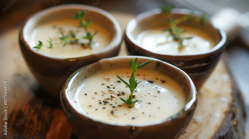 Three bowls of creamy soup with parsley on top. The bowls are arranged on a wooden table Three bowls of creamy soup with parsley on top. The bowls are arranged on a wooden table