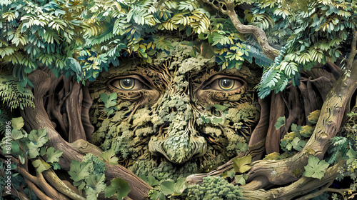 A man's face is covered in leaves and vines. The man's eyes are open and staring at the viewer. The image has a mysterious and eerie mood, as if the man is hiding from something or someone © VicenSanh