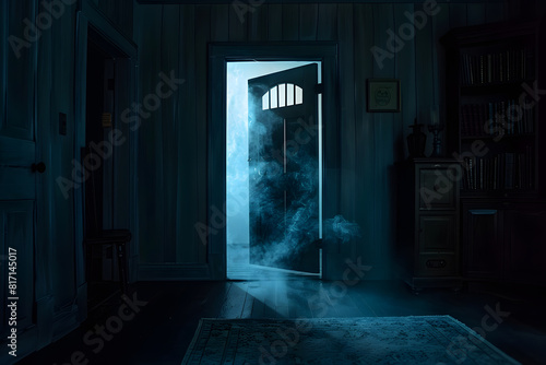 Mysterious mist through open door at night
