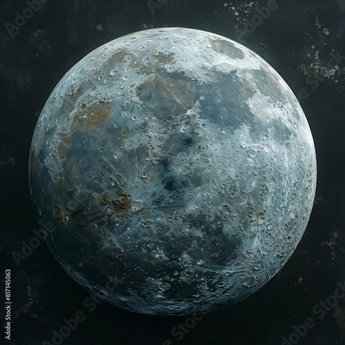 A highly detailed and realistic digital illustration of the moon, with a matte texture and blueish grey color. The surface is textured like aged concrete or marble, with visible cracks old appearance photo