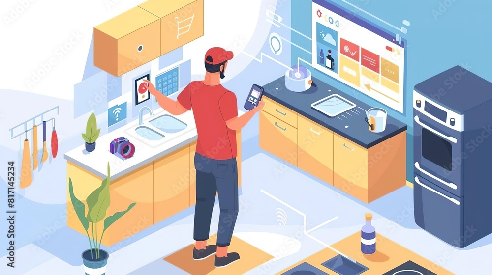 Man monitoring electricity usage via smart home app, modern kitchen, bright morning light, eye-level shot isolated on soft plain pastel solid background Man monitoring electricity usage via smart home app, modern kitchen, bright morning light, eye-level shot isolated on soft plain pastel solid background