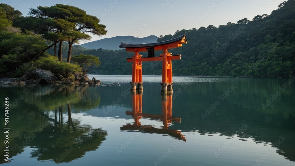 A lone torii gate standing amidst a tranquil lake, symbolizing peace and cultural reflection A lone torii gate standing amidst a tranquil lake, symbolizing peace and cultural reflection