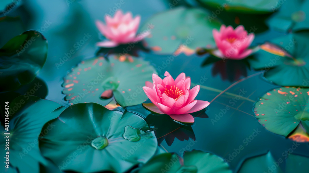 Naklejka premium A group of pink flowers floating in a pond. The flowers are surrounded by green leaves and the water is calm. Concept of tranquility and serenity