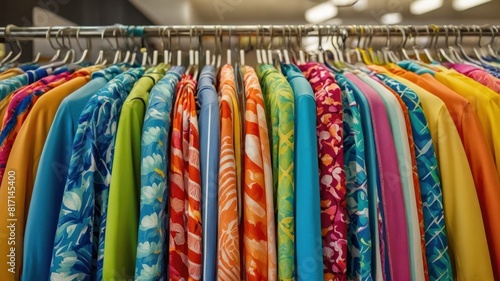 A colorful array of beachwear displayed on a store rack © sitifatimah