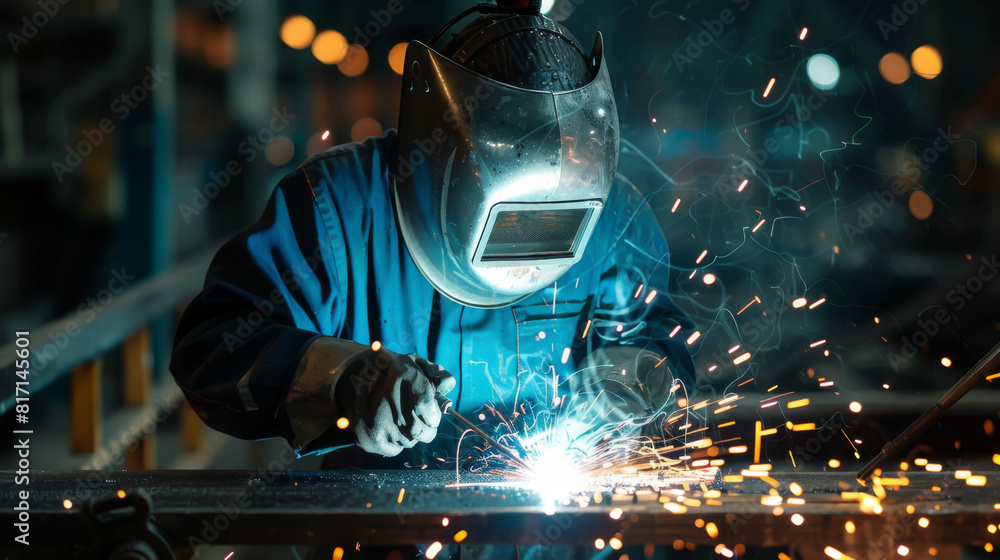 A man in a blue jacket is welding metal. The sparks from the welding are flying everywhere, creating a dangerous and intense atmosphere. The man is wearing a protective suit A man in a blue jacket is welding metal. The sparks from the welding are flying everywhere, creating a dangerous and intense atmosphere. The man is wearing a protective suit