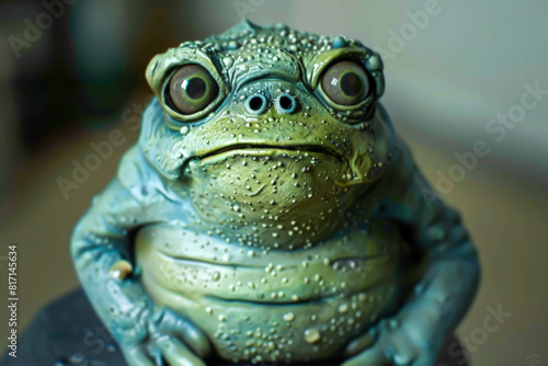 A frog with a big green face is sitting on a rock. The frog has a serious expression on its face
