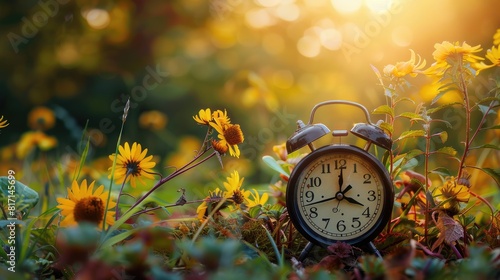 Daylight saving time ends. Alarm clock on beautiful nature background with summer flowers and autumn leaves. Summer time end and fall season coming. Clock turn backward to winter time