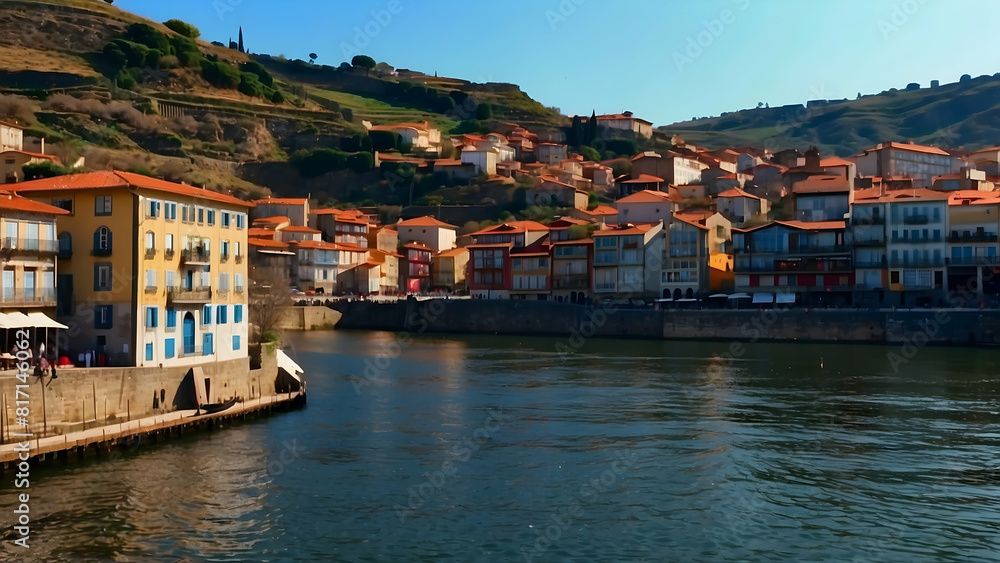 Riverside buildings with hillside homes backdrop Riverside buildings with hillside homes backdrop