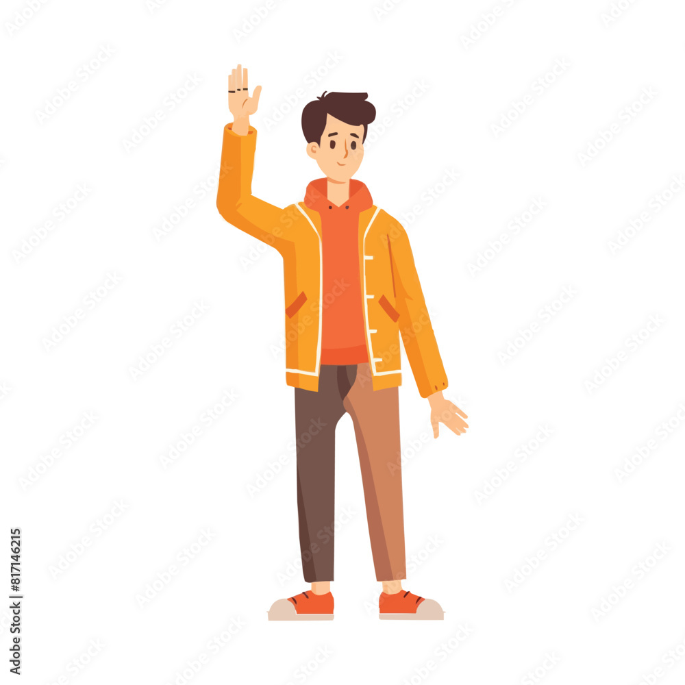 The young man stands up to his full height and waves his hand The young man stands up to his full height and waves his hand