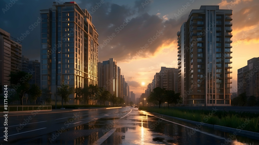 Fototapeta premium Sunset cityscape with wet streets