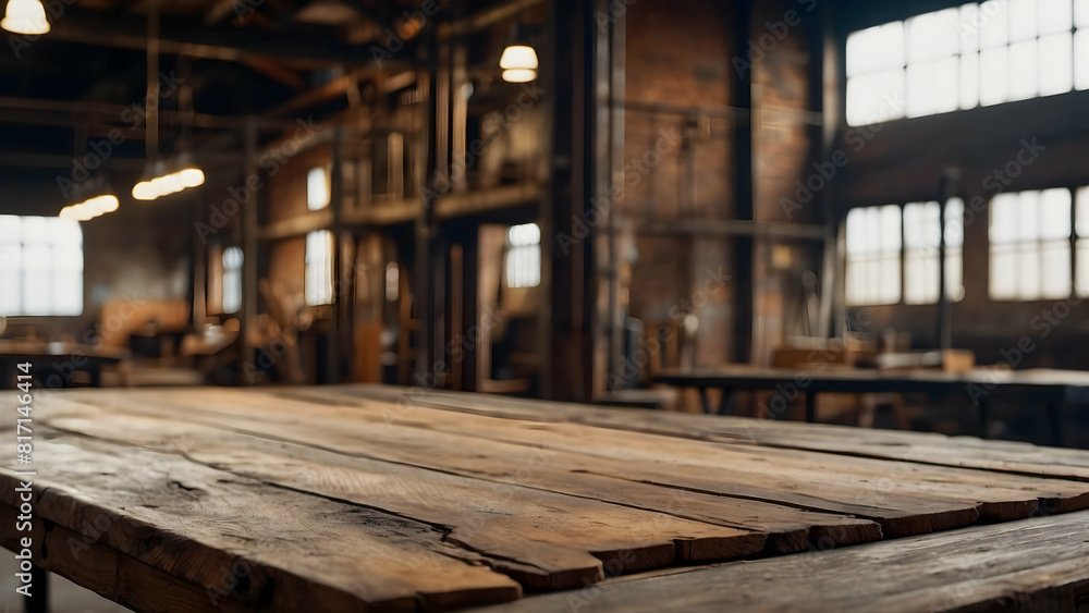 Focused wooden table in a workshop setting Focused wooden table in a workshop setting