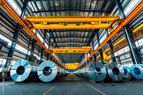 Loading galvanised steel rolls with gantry crane in huge warehouse.