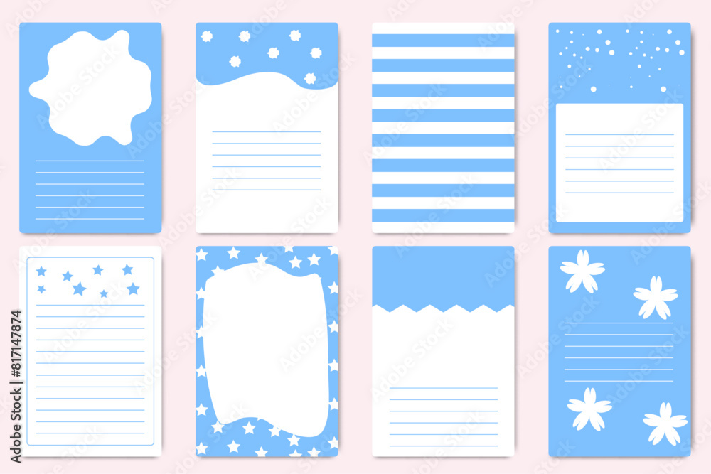 Collection of weekly or daily planner, note paper, to-do list in soft blue color. Modern template for agendas and planners. Flat design. Vector illustration. Collection of weekly or daily planner, note paper, to-do list in soft blue color. Modern template for agendas and planners. Flat design. Vector illustration.