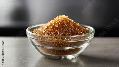 Golden brown demerara sugar granules piled high on a white plate with a soft focus photo