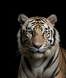 tiger with yellow eyes stares straight ahead on a black background