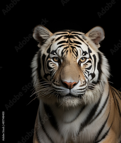 tiger with yellow eyes stares straight ahead on a black background