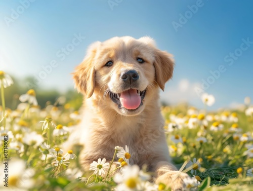 A golden retriever puppy playing in a field of daisies under a clear blue sky