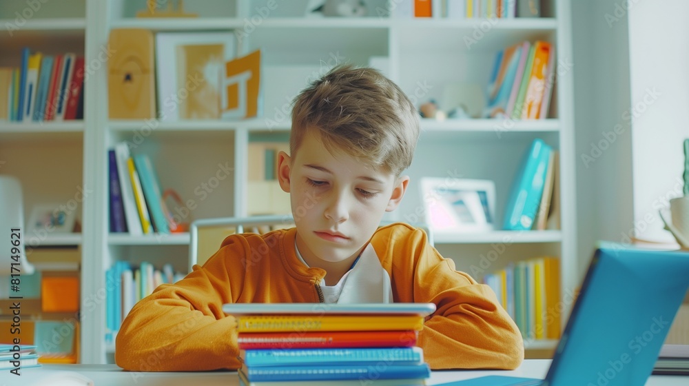 Photo of Schoolboy studying with digital tablet and doing school homework at home Photo of Schoolboy studying with digital tablet and doing school homework at home