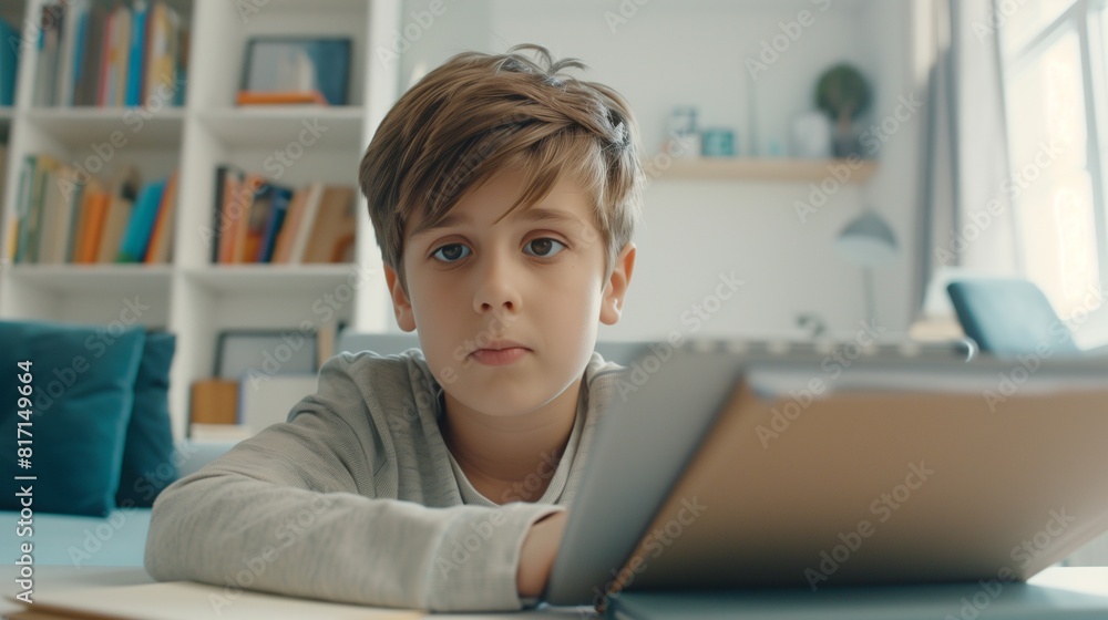 Photo of Schoolboy studying with digital tablet and doing school homework at home Photo of Schoolboy studying with digital tablet and doing school homework at home