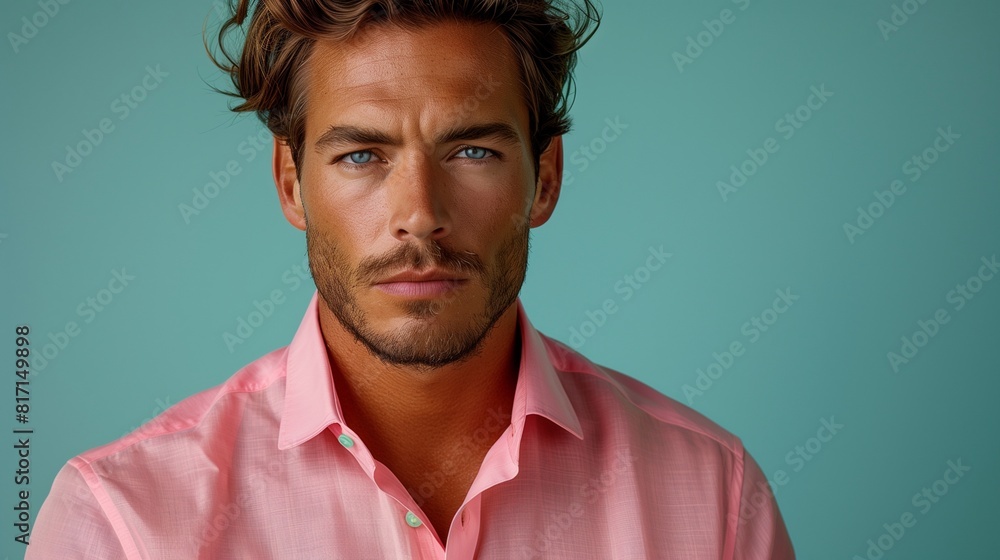 Fototapeta premium Stylish young man in a neon pink shirt, cool mint background