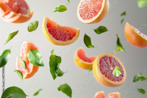 Assorted grapefruit segments suspended mid-air against a neutral grey background, adorned with a scattering of fresh green leaves.