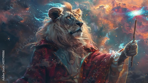 A lion with a majestic mane is standing in the middle of a starry night sky