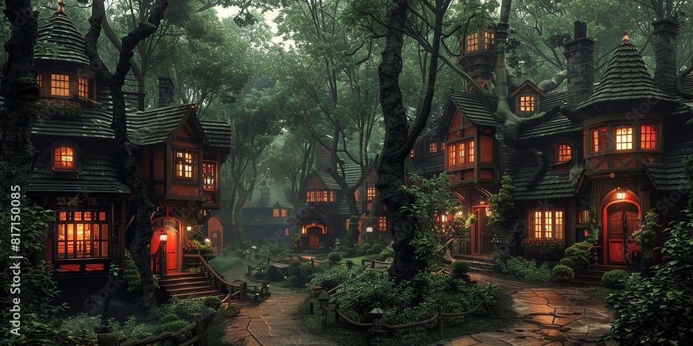 A whimsical, fairy-tale village nestled in a lush, green forest at dusk. The charming cottages with warm, glowing windows create a cozy and magical atmosphere. 