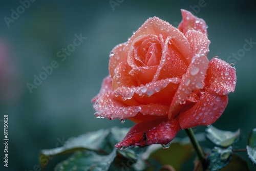 Red Rose with Dew Drops in the Garden