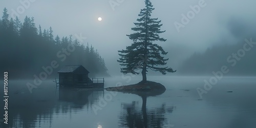Fototapeta Naklejka Na Ścianę i Meble -  A mysterious lake scene enveloped in early morning mist. A solitary wooden cabin on the water and a lone tree on a small island create a tranquil atmosphere, with the moon casting a soft glow.